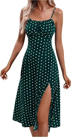 Summer Dresses for Women Sleeveless Spaghetti Straps Split Sundress Casual Polka Dot Print Dress Elegant Midi Dress