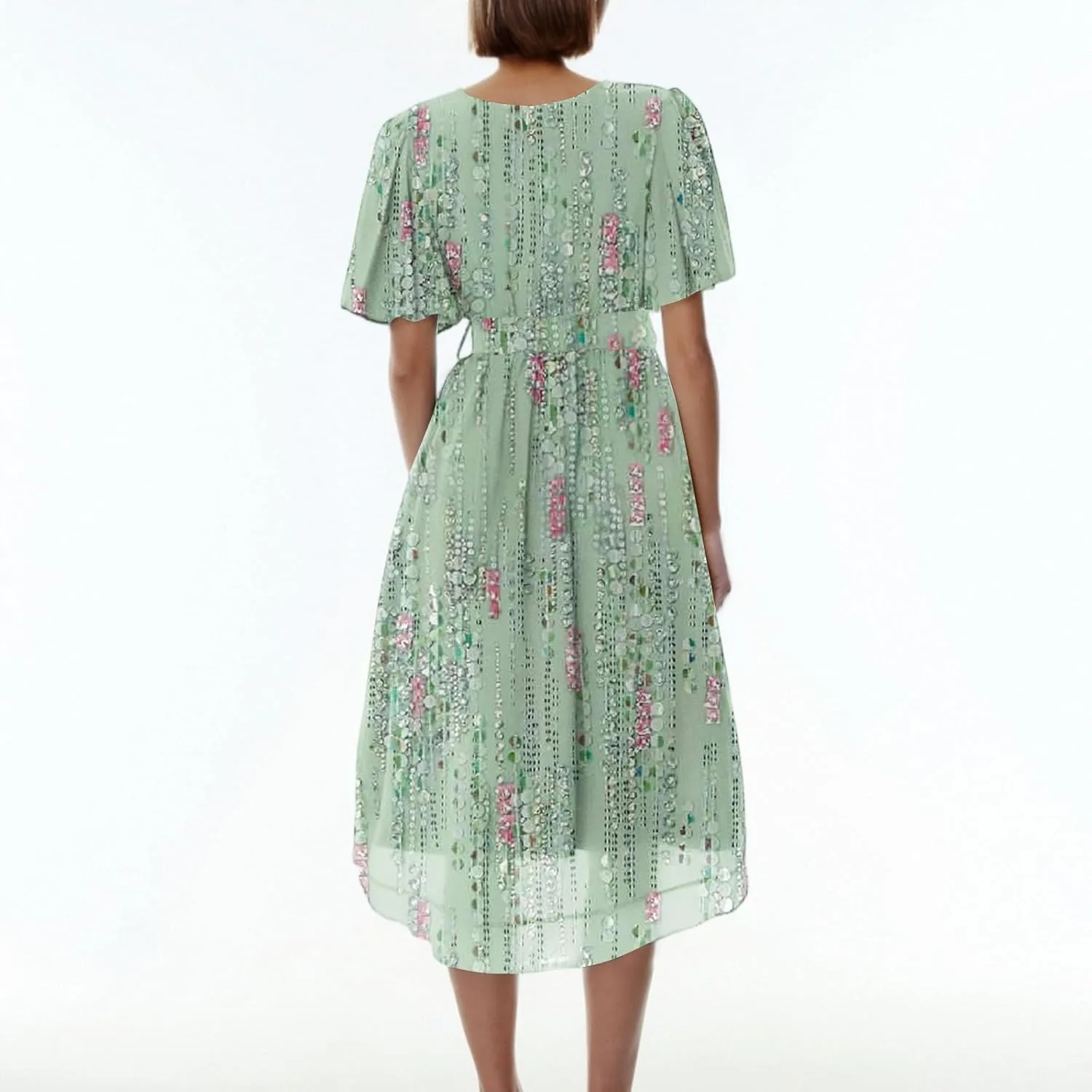 Summer Floral Dresses for Women 2025 Midi Chiffon Dresses Wedding Guest Dress V Neck Short Sleeve Tie Waist Ruffled Hem