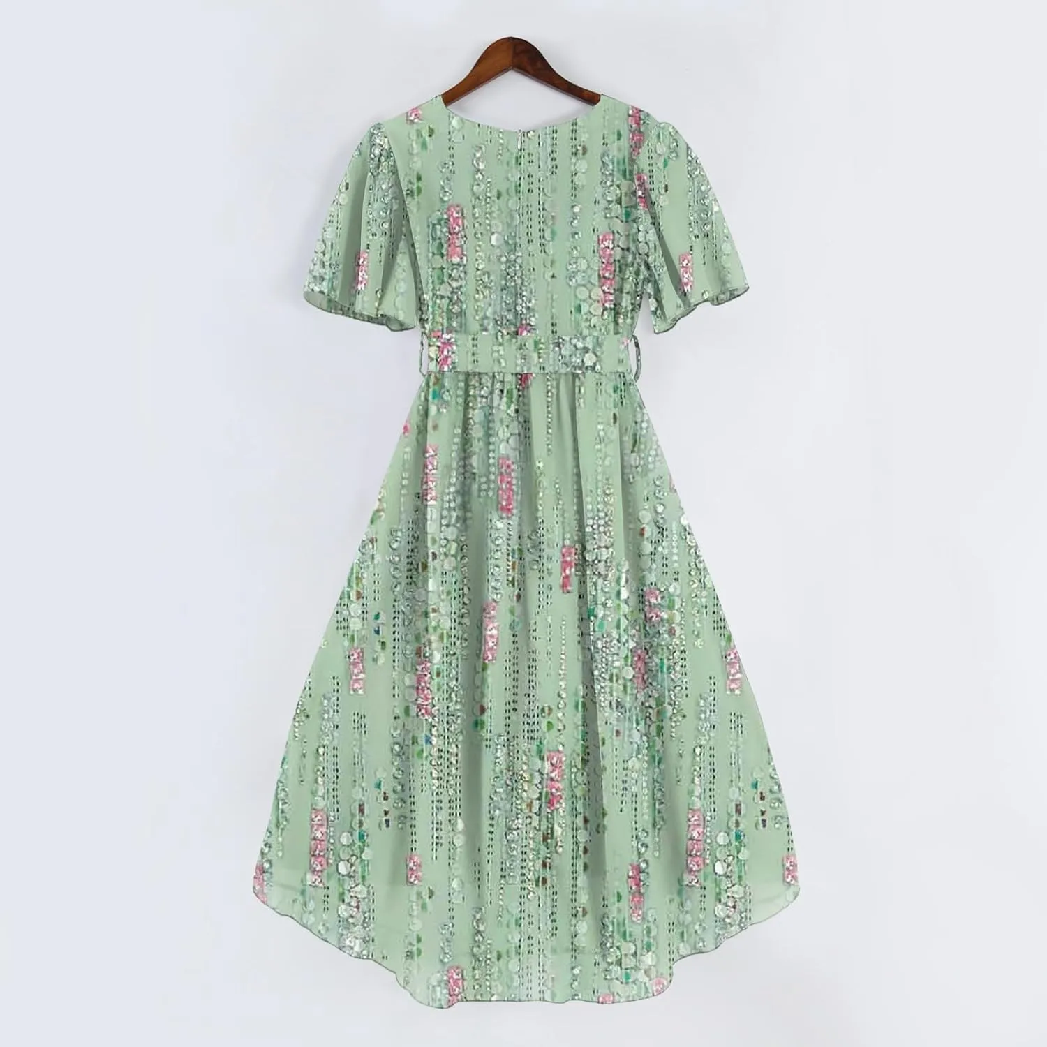 Summer Floral Dresses for Women 2025 Midi Chiffon Dresses Wedding Guest Dress V Neck Short Sleeve Tie Waist Ruffled Hem