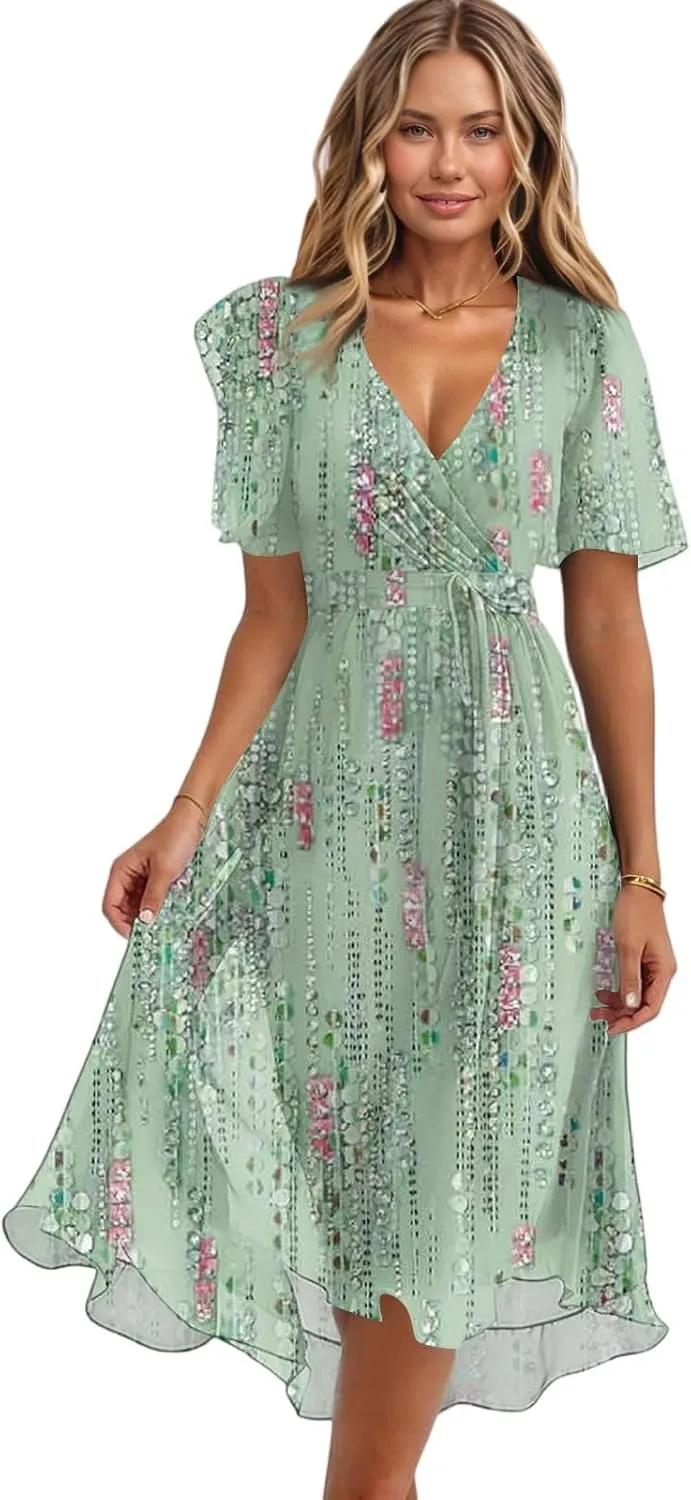 Summer Floral Dresses for Women 2025 Midi Chiffon Dresses Wedding Guest Dress V Neck Short Sleeve Tie Waist Ruffled Hem