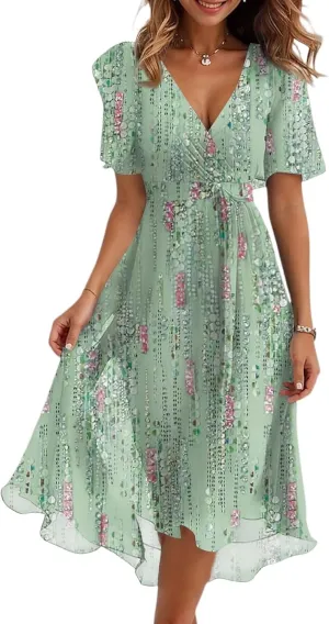 Summer Floral Dresses for Women 2025 Midi Chiffon Dresses Wedding Guest Dress V Neck Short Sleeve Tie Waist Ruffled Hem