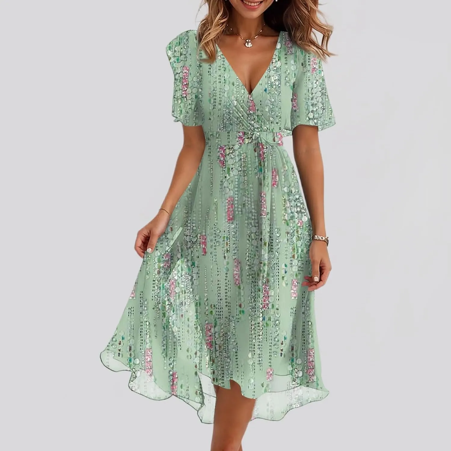 Summer Floral Dresses for Women 2025 Midi Chiffon Dresses Wedding Guest Dress V Neck Short Sleeve Tie Waist Ruffled Hem
