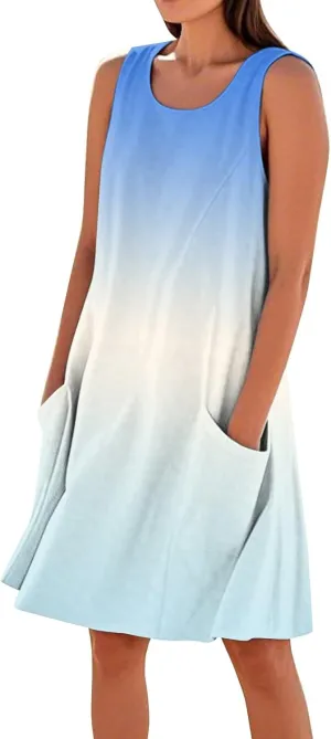 Summer Sleeveless Dresses for Women Loose Fit Beach Vacation Tank Dress Casual Flowy Midi Sundresses with Pockets