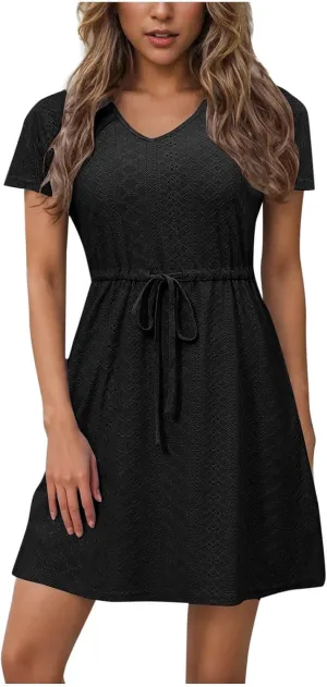Sun Dresses for Women 2025 Vacation Casual Summer Short Sleeve Dress V-Neck Tie Waist Eyelet Beach Sundresses