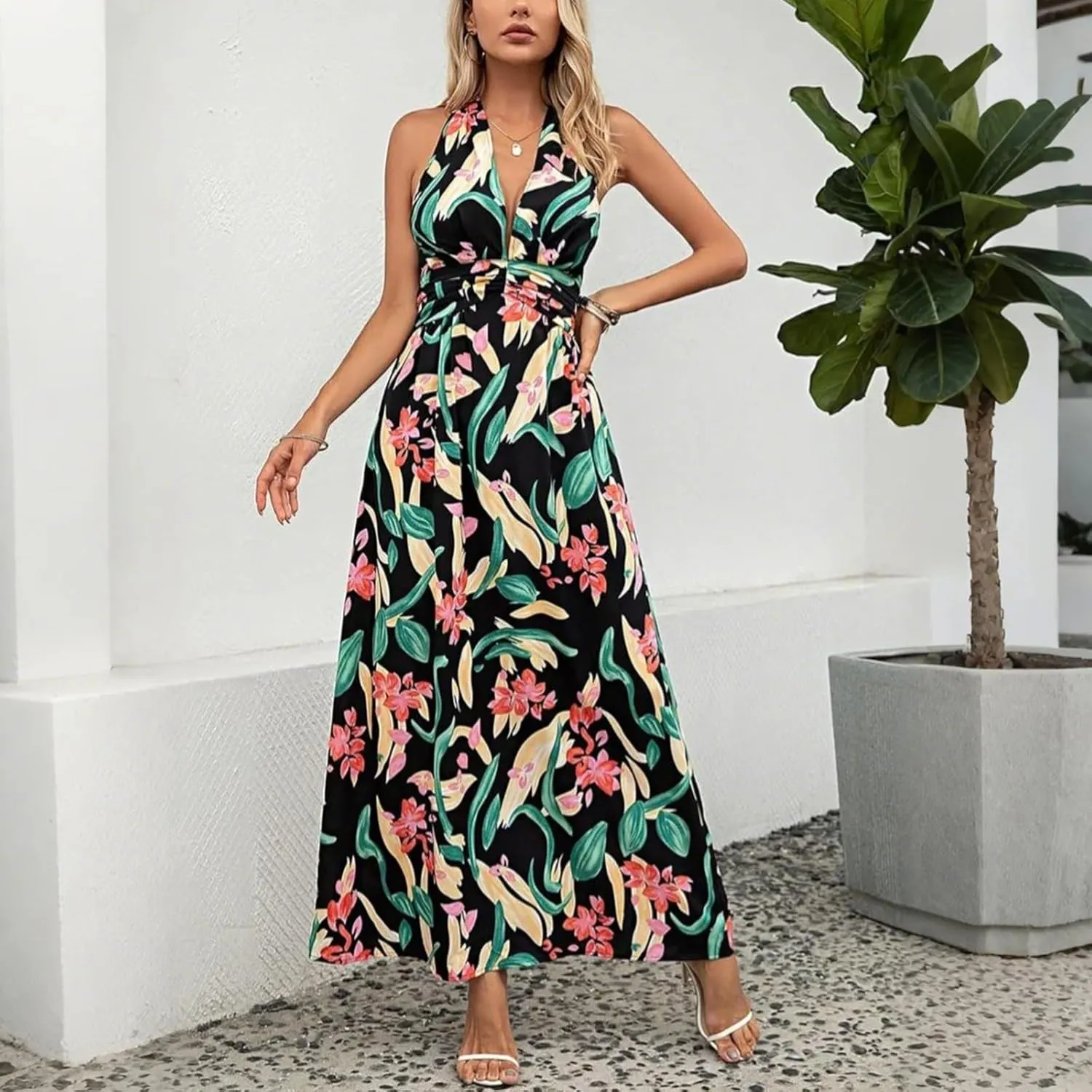 Sundresses for Women 2025 Summer Boho Floral Halter V Neck Wrap Maxi Dresses Sexy Flowy A Line Beach Vacation Dresses
