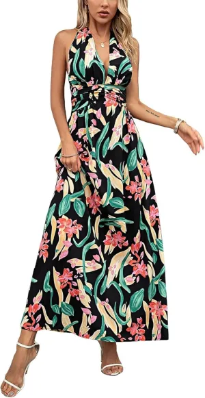 Sundresses for Women 2025 Summer Boho Floral Halter V Neck Wrap Maxi Dresses Sexy Flowy A Line Beach Vacation Dresses