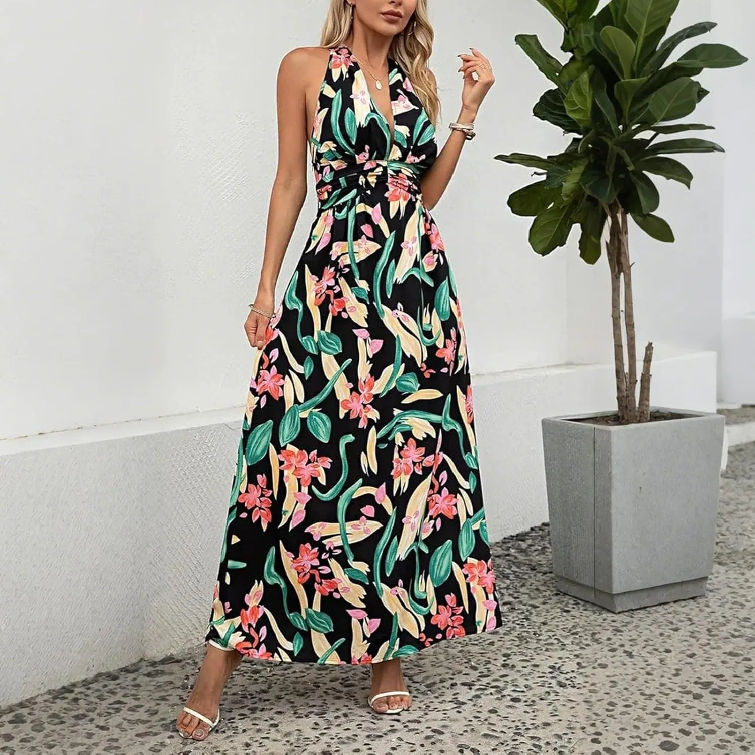 Sundresses for Women 2025 Summer Boho Floral Halter V Neck Wrap Maxi Dresses Sexy Flowy A Line Beach Vacation Dresses