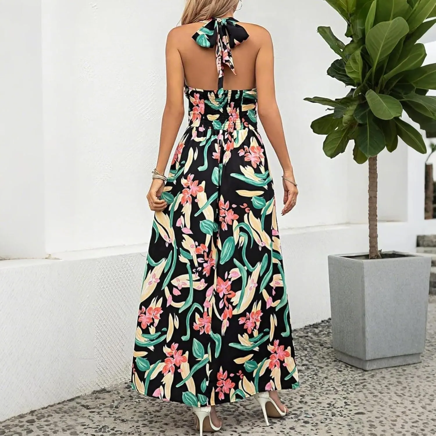 Sundresses for Women 2025 Summer Boho Floral Halter V Neck Wrap Maxi Dresses Sexy Flowy A Line Beach Vacation Dresses