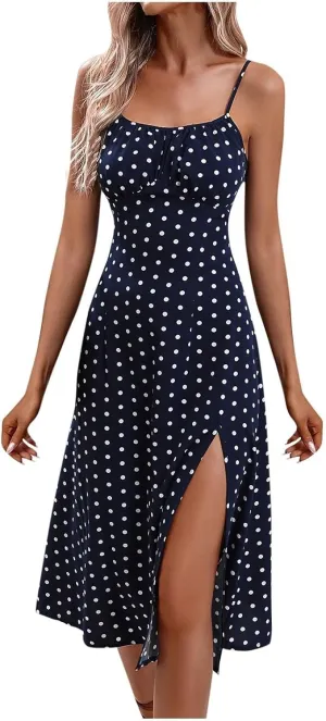 Sundresses for Women 2025 Summer Polka Dot Slit Midi Dress Sleeveless Spaghetti Strap Dresses Beach Vacation Dress