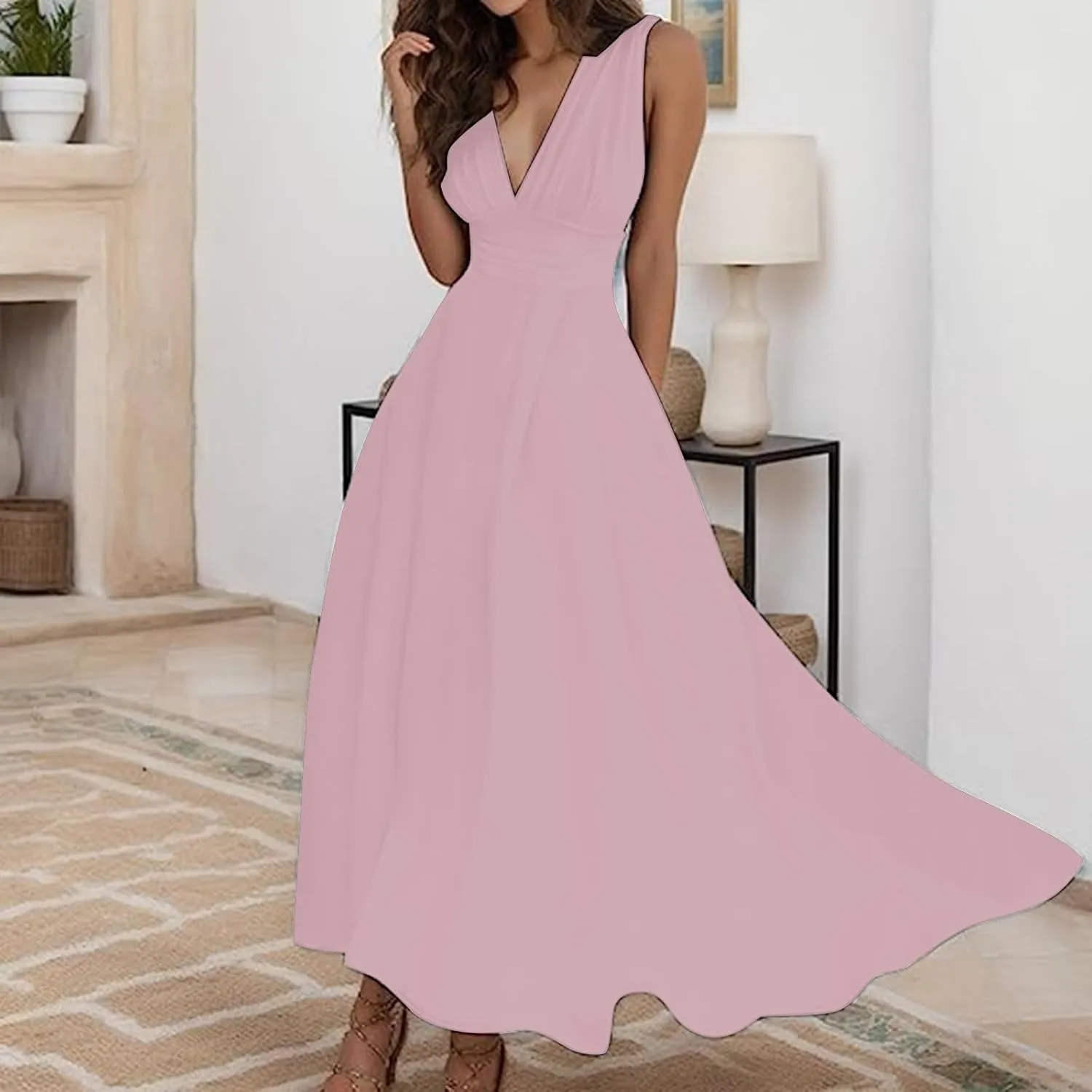 Sundresses for Women Summer Elegant Wrap V Neck Sleeveless Maxi Dress Fancy Floral Printed Flowy Hem Boho Dress