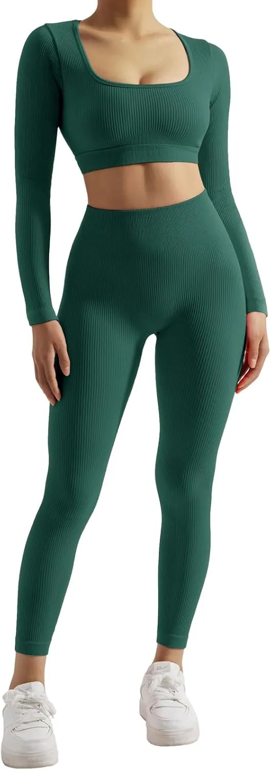SUUKSESS Open Back Long Sleeve Scrunch Butt Booty Leggings Seamless Ribbed Workout Sets 2 Piece Outfits