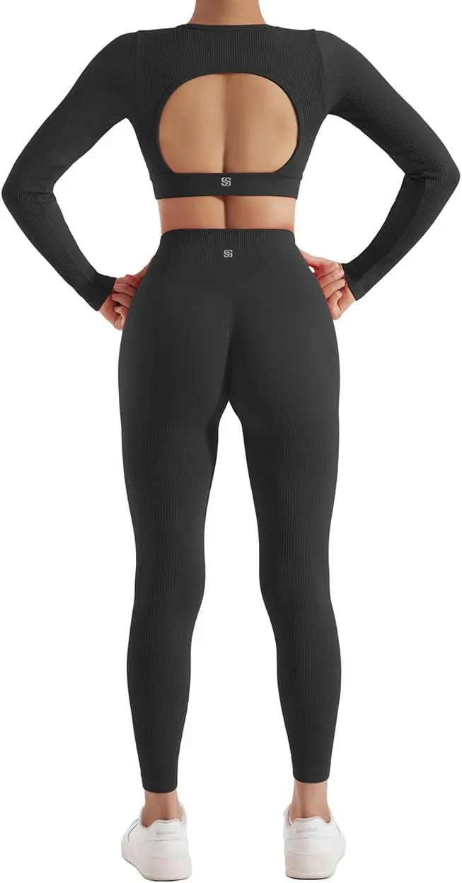 SUUKSESS Open Back Long Sleeve Scrunch Butt Booty Leggings Seamless Ribbed Workout Sets 2 Piece Outfits