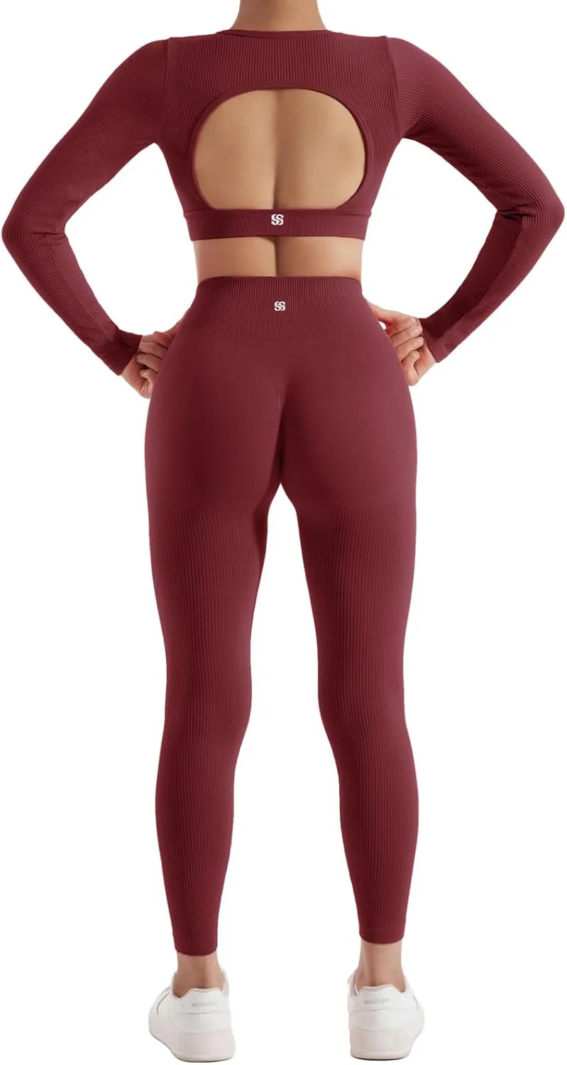 SUUKSESS Open Back Long Sleeve Scrunch Butt Booty Leggings Seamless Ribbed Workout Sets 2 Piece Outfits