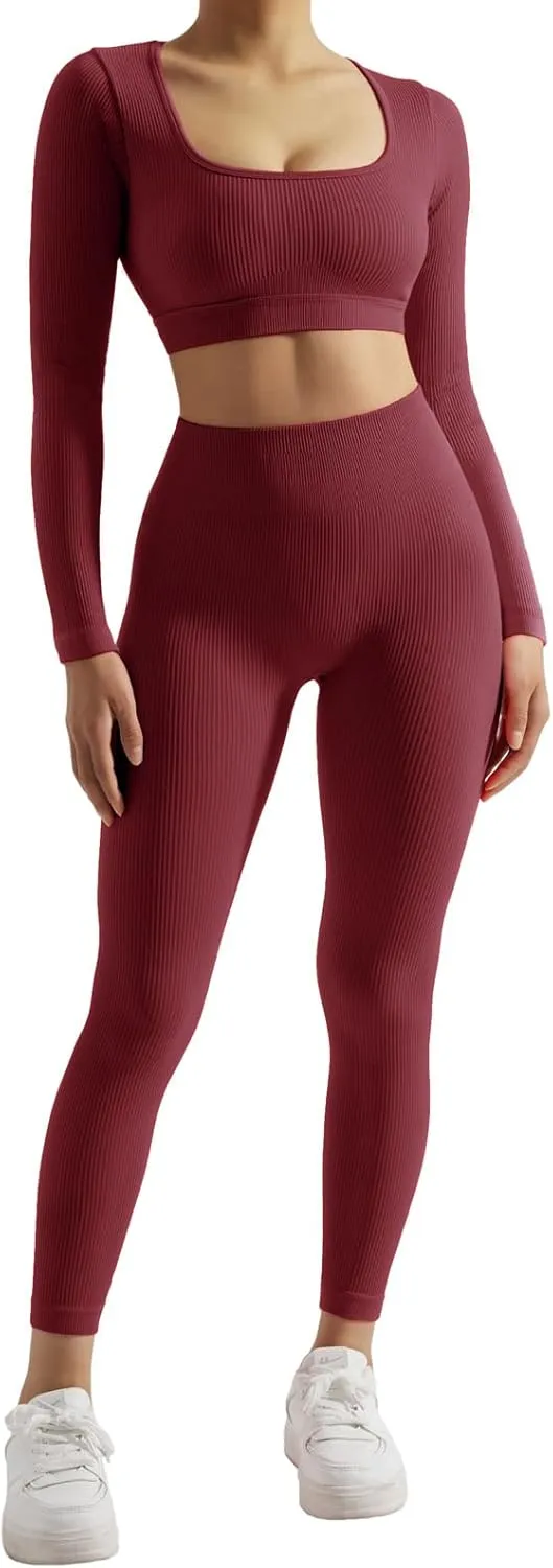 SUUKSESS Open Back Long Sleeve Scrunch Butt Booty Leggings Seamless Ribbed Workout Sets 2 Piece Outfits