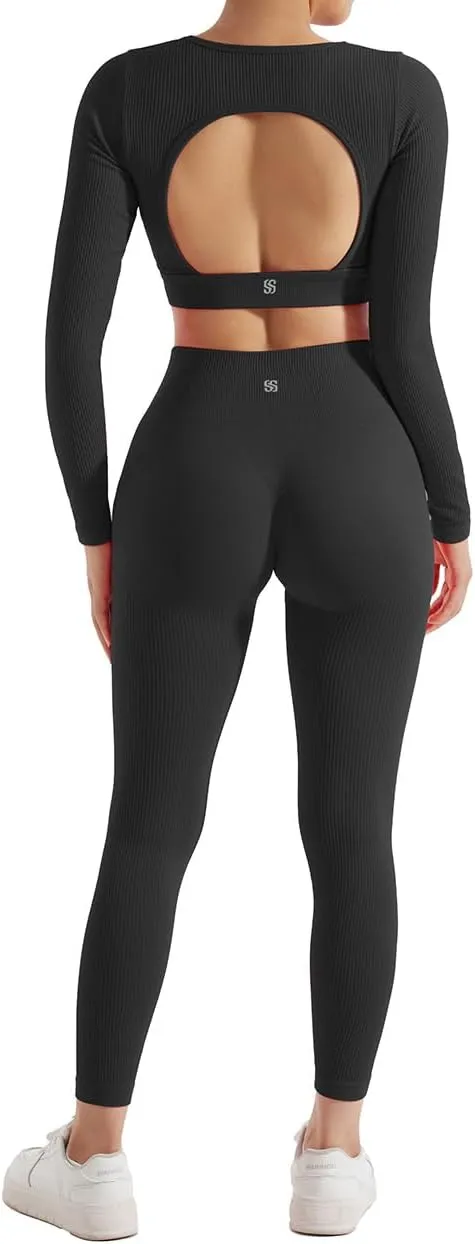 SUUKSESS Open Back Long Sleeve Scrunch Butt Booty Leggings Seamless Ribbed Workout Sets 2 Piece Outfits