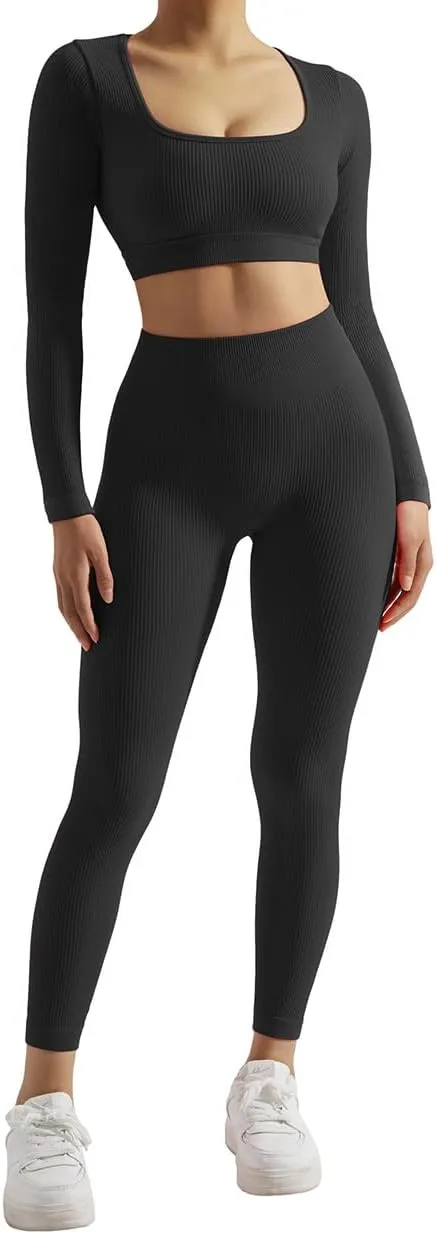 SUUKSESS Open Back Long Sleeve Scrunch Butt Booty Leggings Seamless Ribbed Workout Sets 2 Piece Outfits