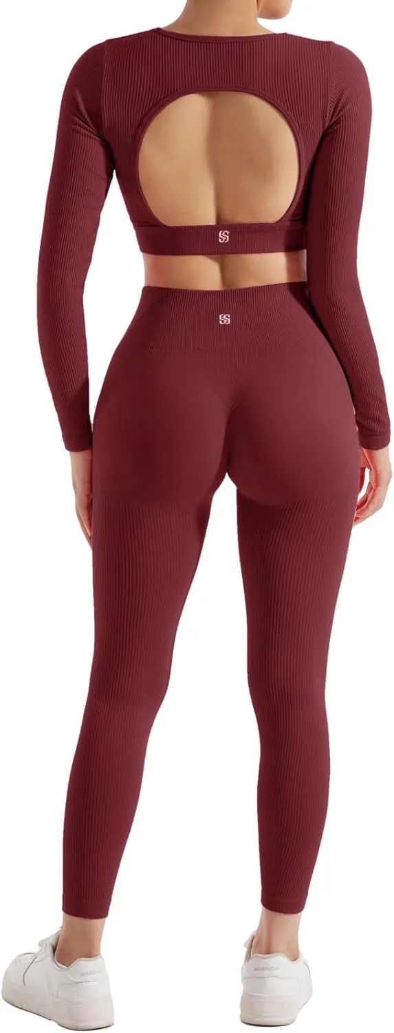 SUUKSESS Open Back Long Sleeve Scrunch Butt Booty Leggings Seamless Ribbed Workout Sets 2 Piece Outfits