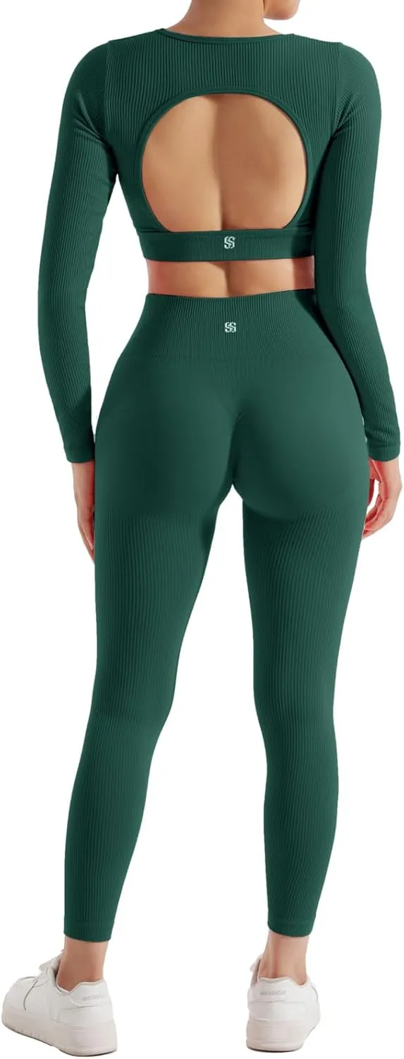 SUUKSESS Open Back Long Sleeve Scrunch Butt Booty Leggings Seamless Ribbed Workout Sets 2 Piece Outfits