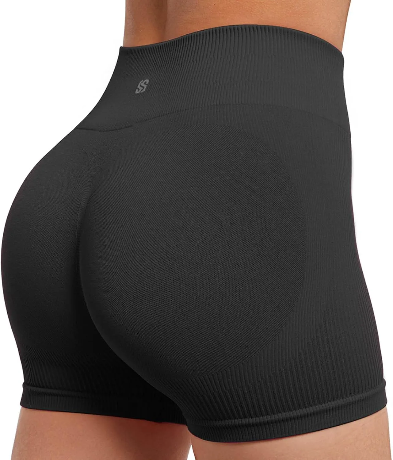 SUUKSESS Open Back Short Sleeve Scrunch Butt Booty Shorts Seamless Ribbed Workout Sets 2 Piece Outfits