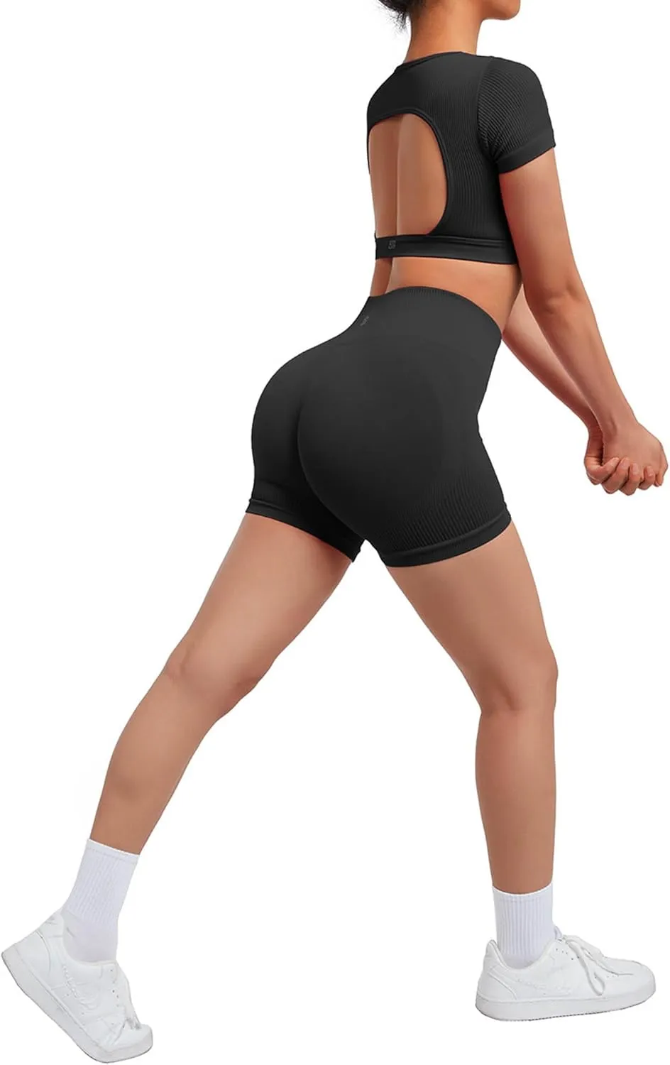 SUUKSESS Open Back Short Sleeve Scrunch Butt Booty Shorts Seamless Ribbed Workout Sets 2 Piece Outfits