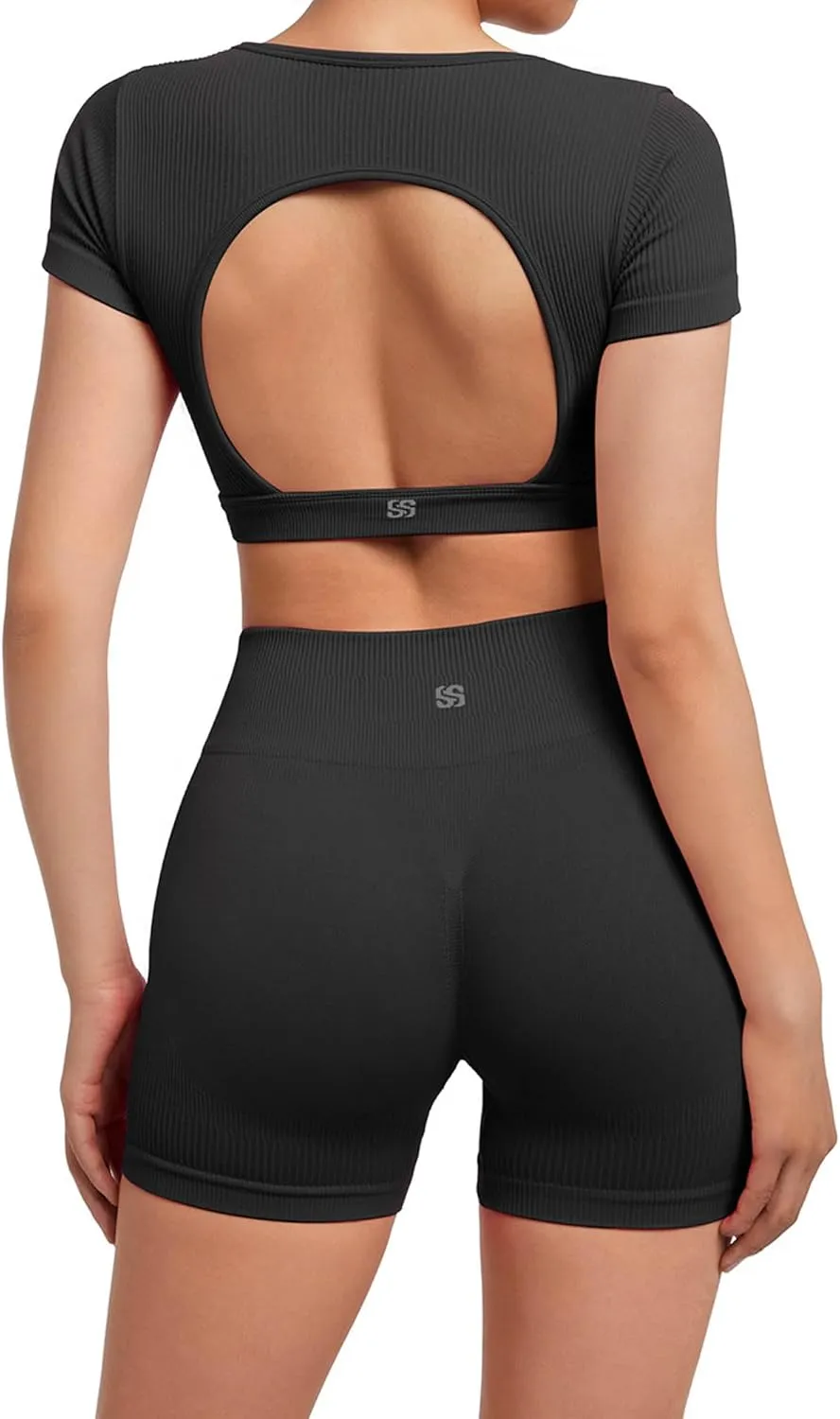 SUUKSESS Open Back Short Sleeve Scrunch Butt Booty Shorts Seamless Ribbed Workout Sets 2 Piece Outfits