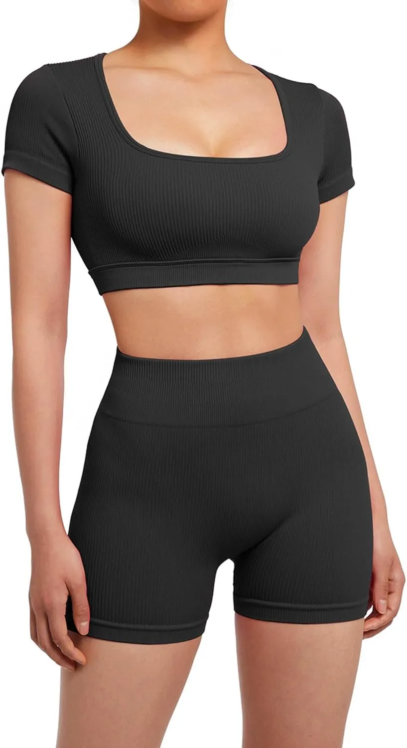 SUUKSESS Open Back Short Sleeve Scrunch Butt Booty Shorts Seamless Ribbed Workout Sets 2 Piece Outfits