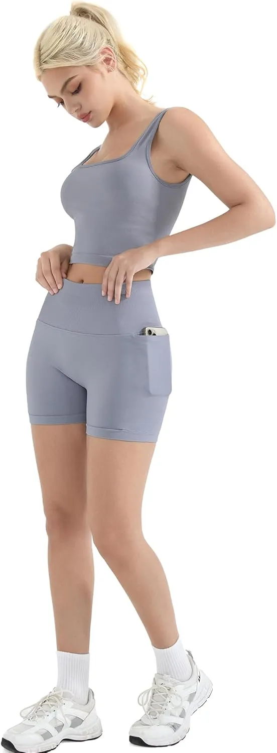 SUUKSESS Women 2 Piece Workout Sets Hidden Scrunch Butt Lifting Biker Shorts Square Neck Tank Tops