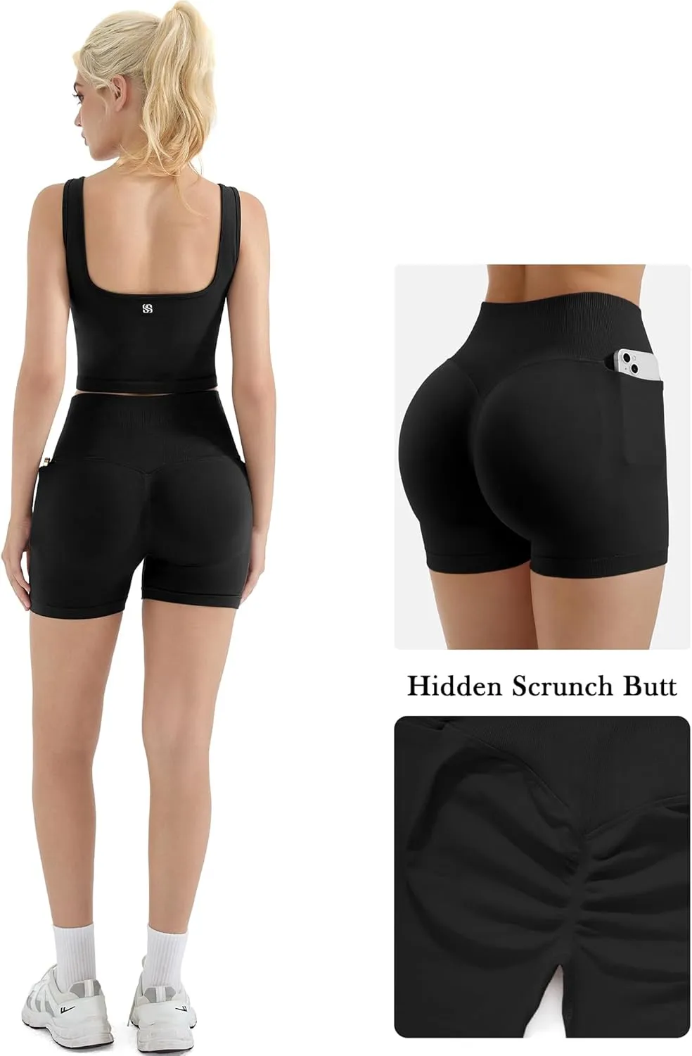 SUUKSESS Women 2 Piece Workout Sets Hidden Scrunch Butt Lifting Biker Shorts Square Neck Tank Tops
