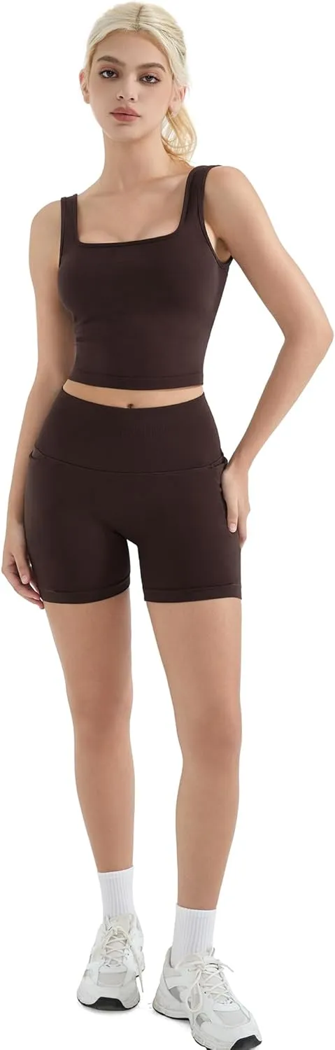 SUUKSESS Women 2 Piece Workout Sets Hidden Scrunch Butt Lifting Biker Shorts Square Neck Tank Tops