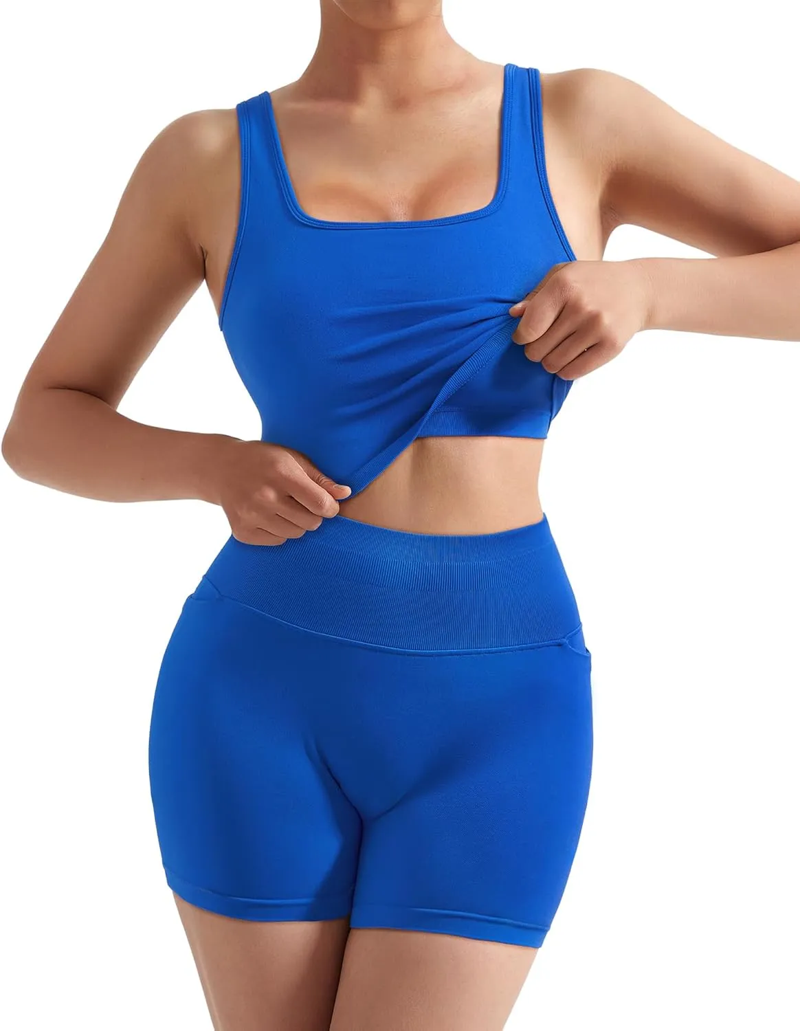 SUUKSESS Women 2 Piece Workout Sets Hidden Scrunch Butt Lifting Biker Shorts Square Neck Tank Tops