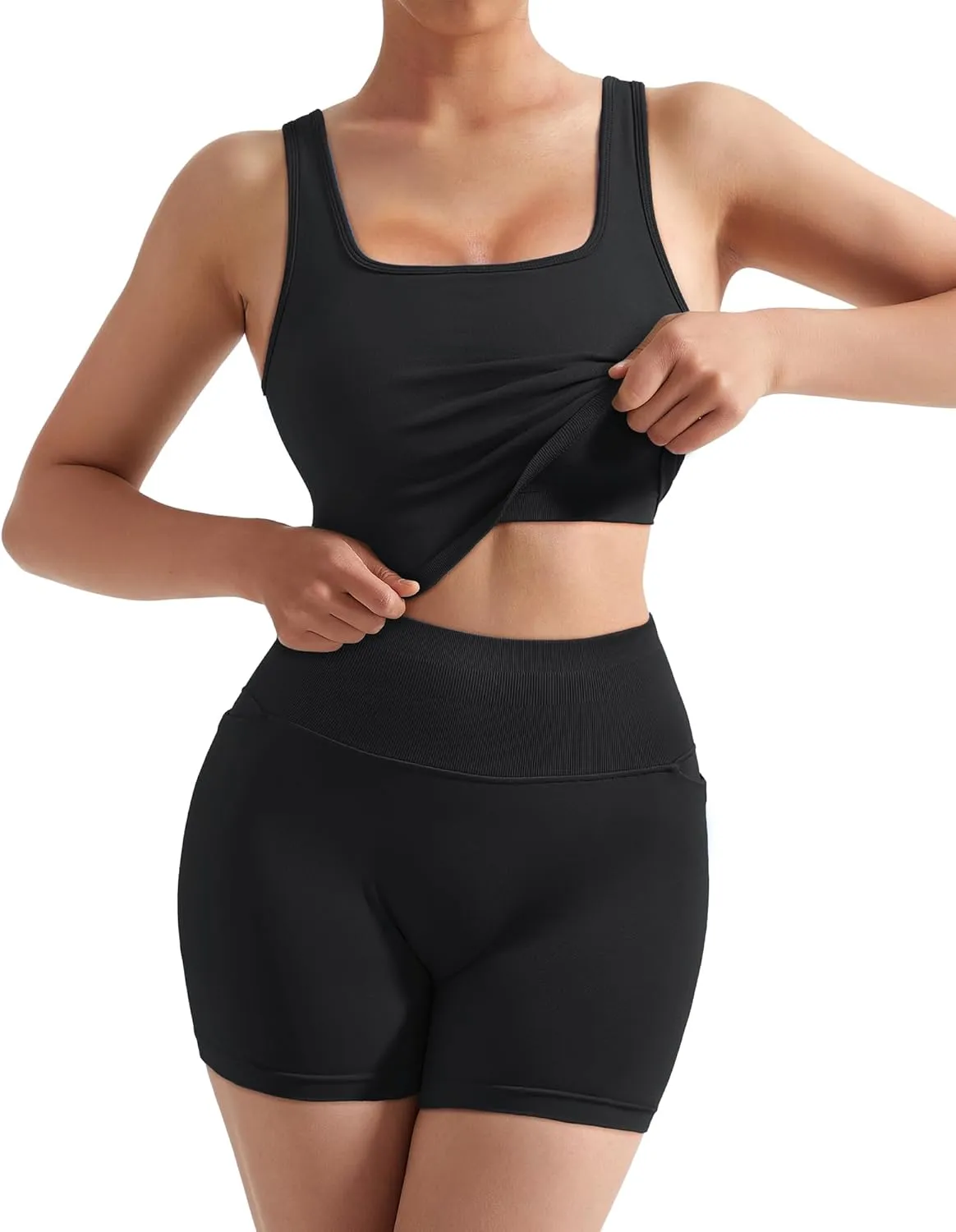 SUUKSESS Women 2 Piece Workout Sets Hidden Scrunch Butt Lifting Biker Shorts Square Neck Tank Tops