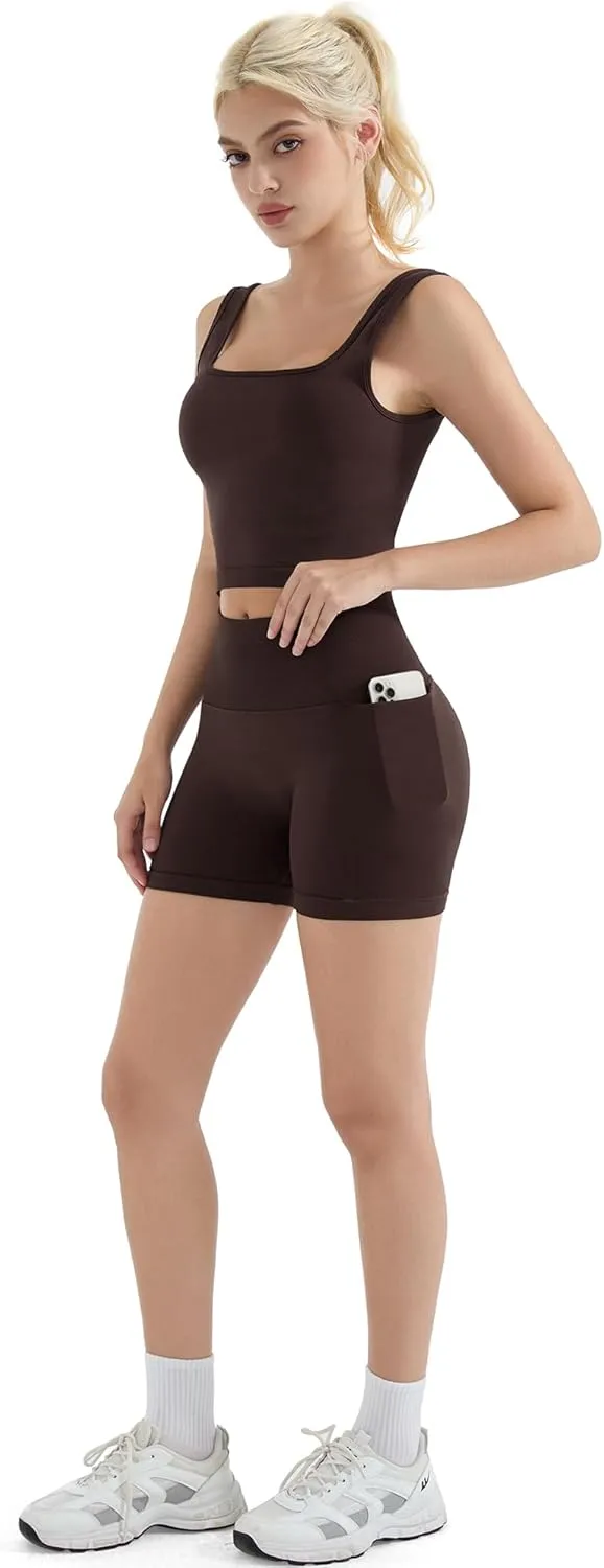 SUUKSESS Women 2 Piece Workout Sets Hidden Scrunch Butt Lifting Biker Shorts Square Neck Tank Tops