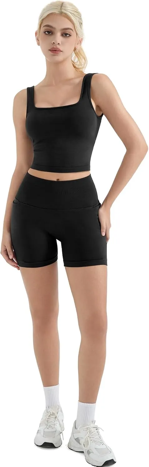 SUUKSESS Women 2 Piece Workout Sets Hidden Scrunch Butt Lifting Biker Shorts Square Neck Tank Tops