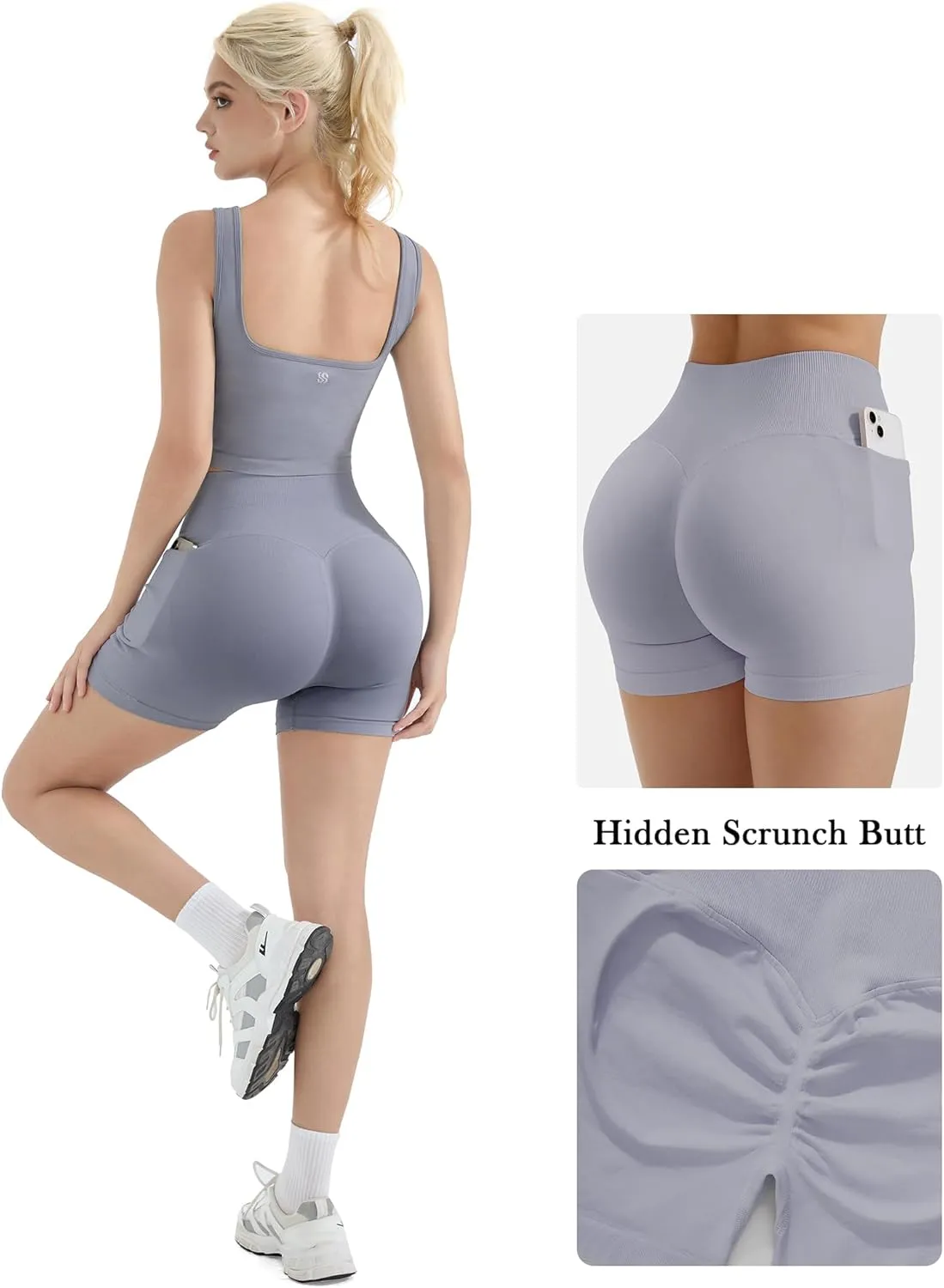 SUUKSESS Women 2 Piece Workout Sets Hidden Scrunch Butt Lifting Biker Shorts Square Neck Tank Tops