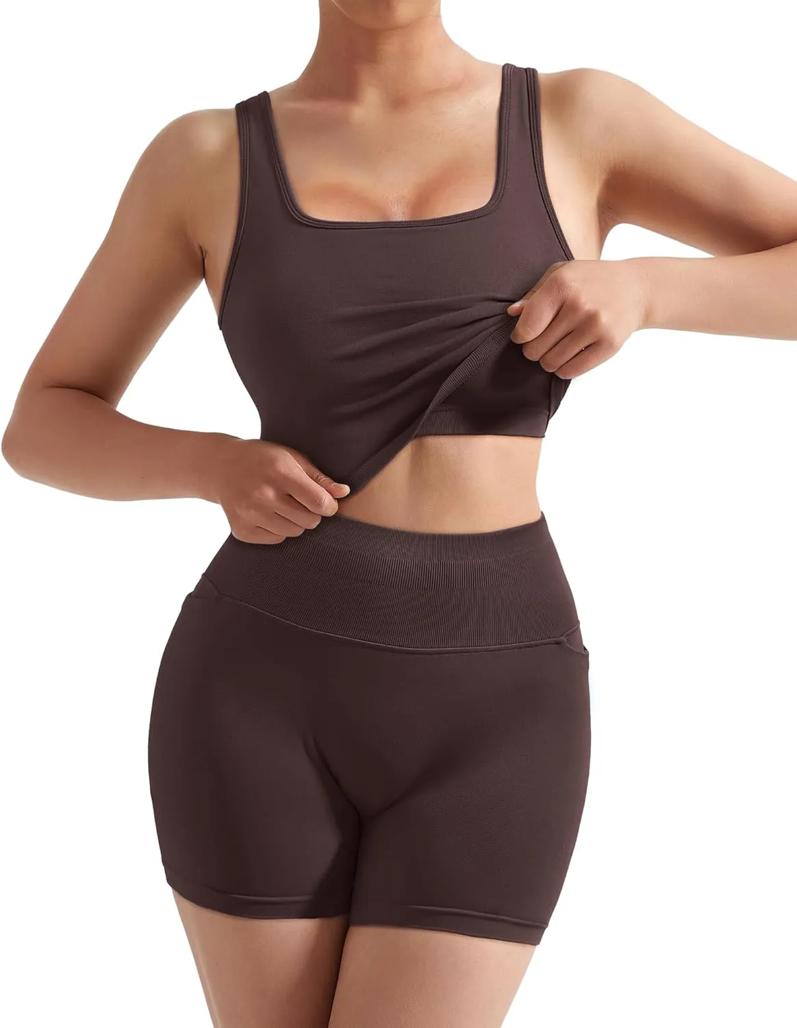 SUUKSESS Women 2 Piece Workout Sets Hidden Scrunch Butt Lifting Biker Shorts Square Neck Tank Tops