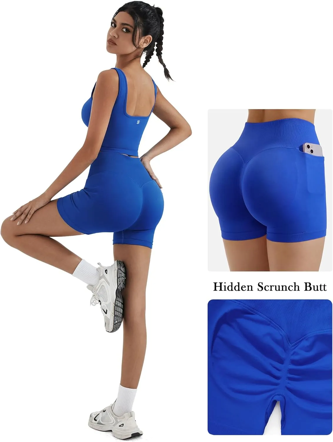 SUUKSESS Women 2 Piece Workout Sets Hidden Scrunch Butt Lifting Biker Shorts Square Neck Tank Tops