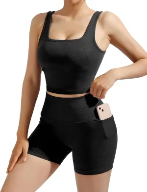 SUUKSESS Women 2 Piece Workout Sets Hidden Scrunch Butt Lifting Biker Shorts Square Neck Tank Tops