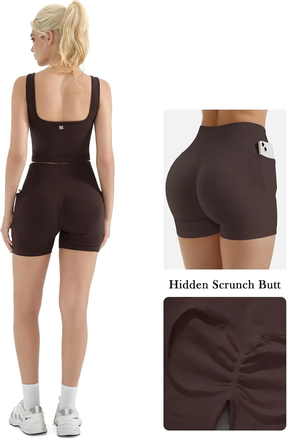 SUUKSESS Women 2 Piece Workout Sets Hidden Scrunch Butt Lifting Biker Shorts Square Neck Tank Tops