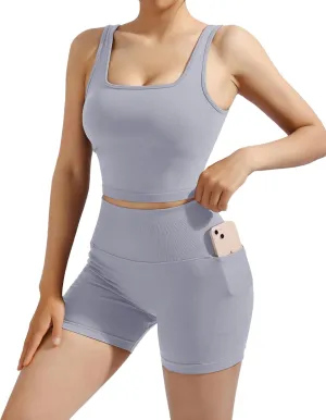 SUUKSESS Women 2 Piece Workout Sets Hidden Scrunch Butt Lifting Biker Shorts Square Neck Tank Tops