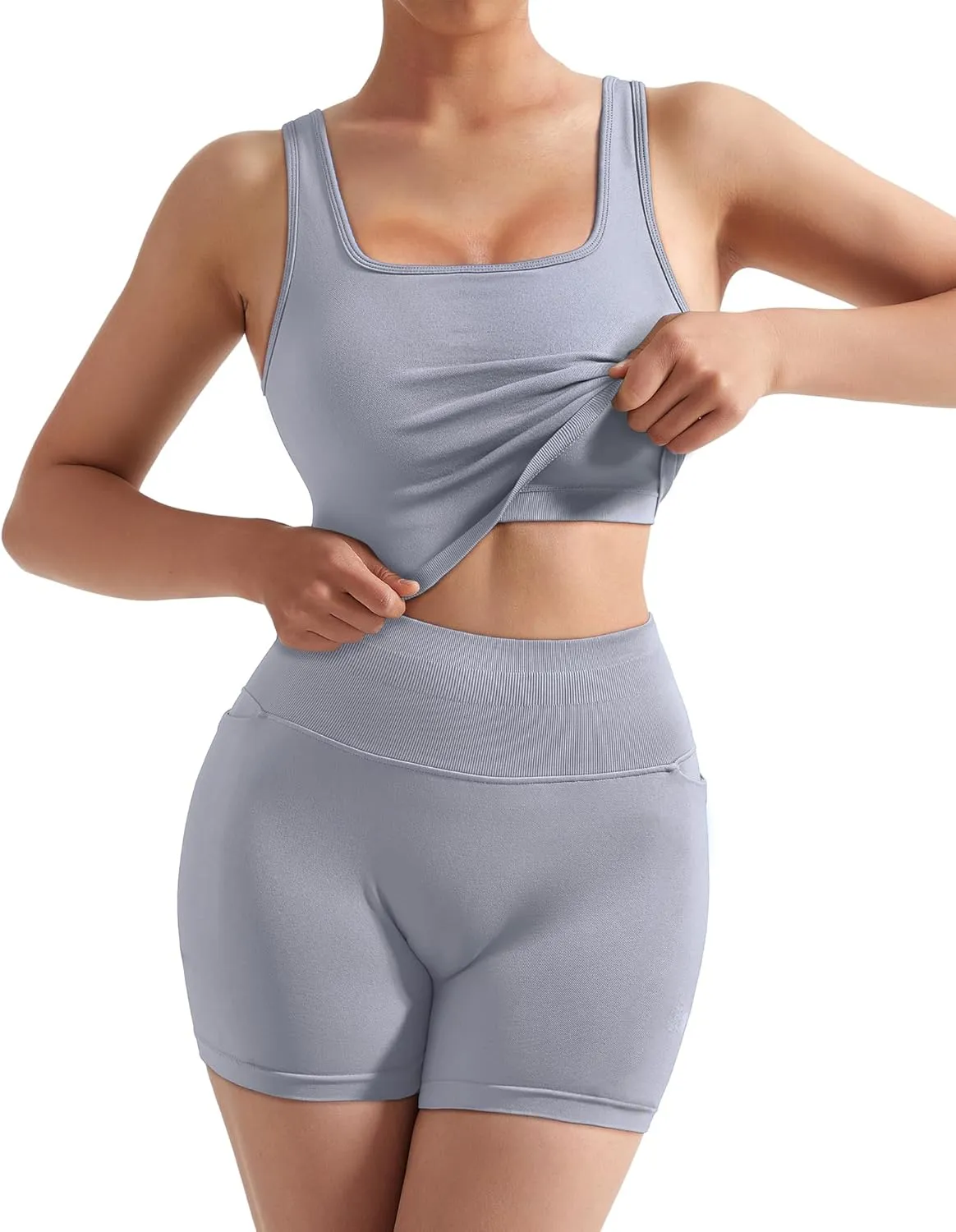 SUUKSESS Women 2 Piece Workout Sets Hidden Scrunch Butt Lifting Biker Shorts Square Neck Tank Tops