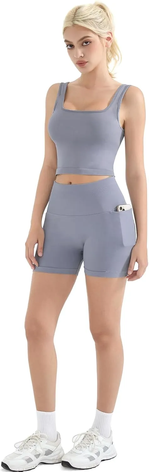 SUUKSESS Women 2 Piece Workout Sets Hidden Scrunch Butt Lifting Biker Shorts Square Neck Tank Tops