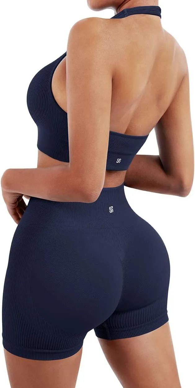 SUUKSESS Women Seamless Ribbed Workout Set Backless Sports Bra Booty Biker Short