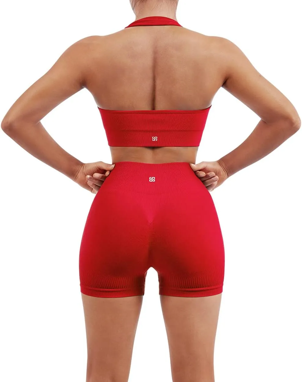 SUUKSESS Women Seamless Ribbed Workout Set Backless Sports Bra Booty Biker Short