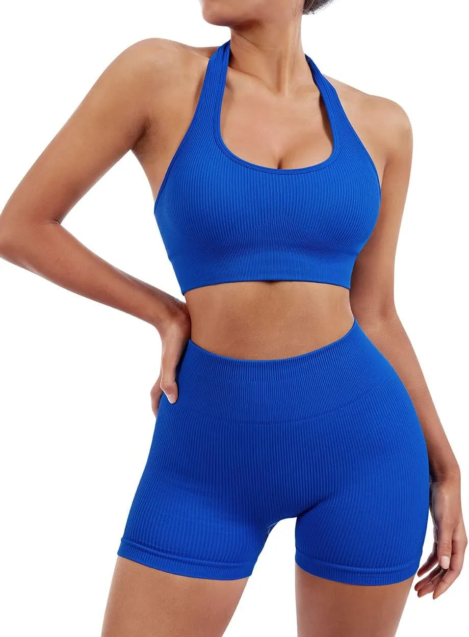 SUUKSESS Women Seamless Ribbed Workout Set Backless Sports Bra Booty Biker Short