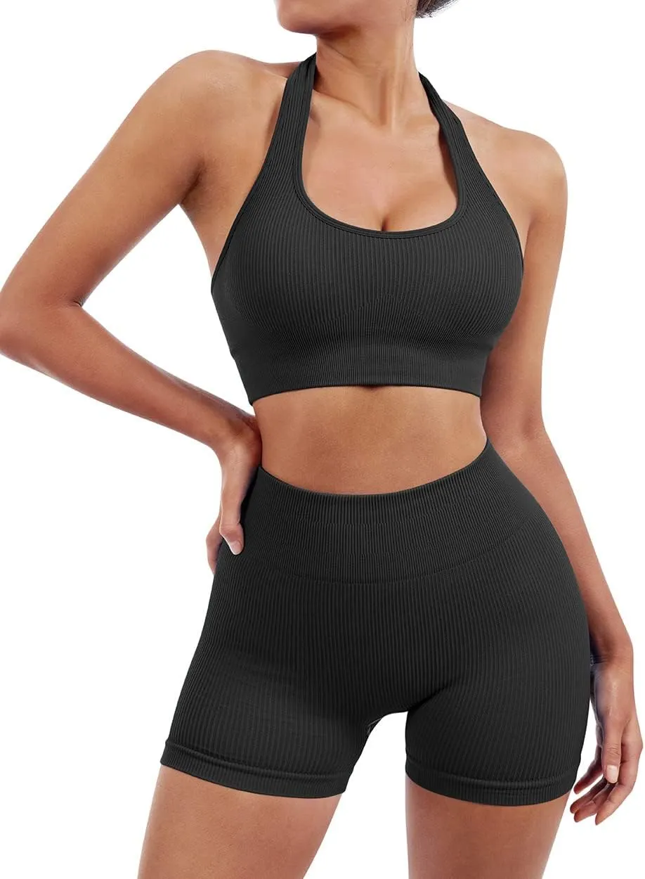 SUUKSESS Women Seamless Ribbed Workout Set Backless Sports Bra Booty Biker Short