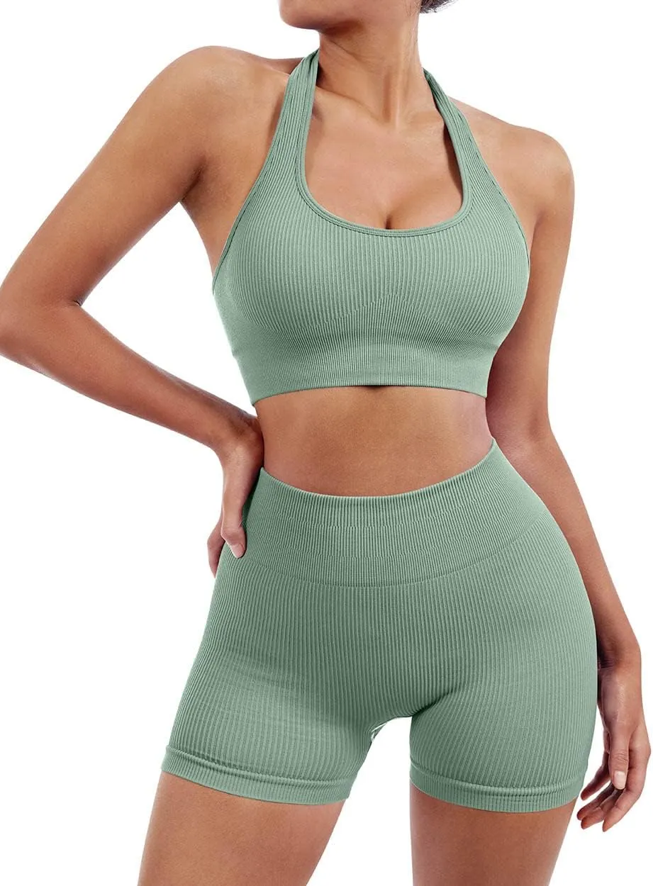 SUUKSESS Women Seamless Ribbed Workout Set Backless Sports Bra Booty Biker Short