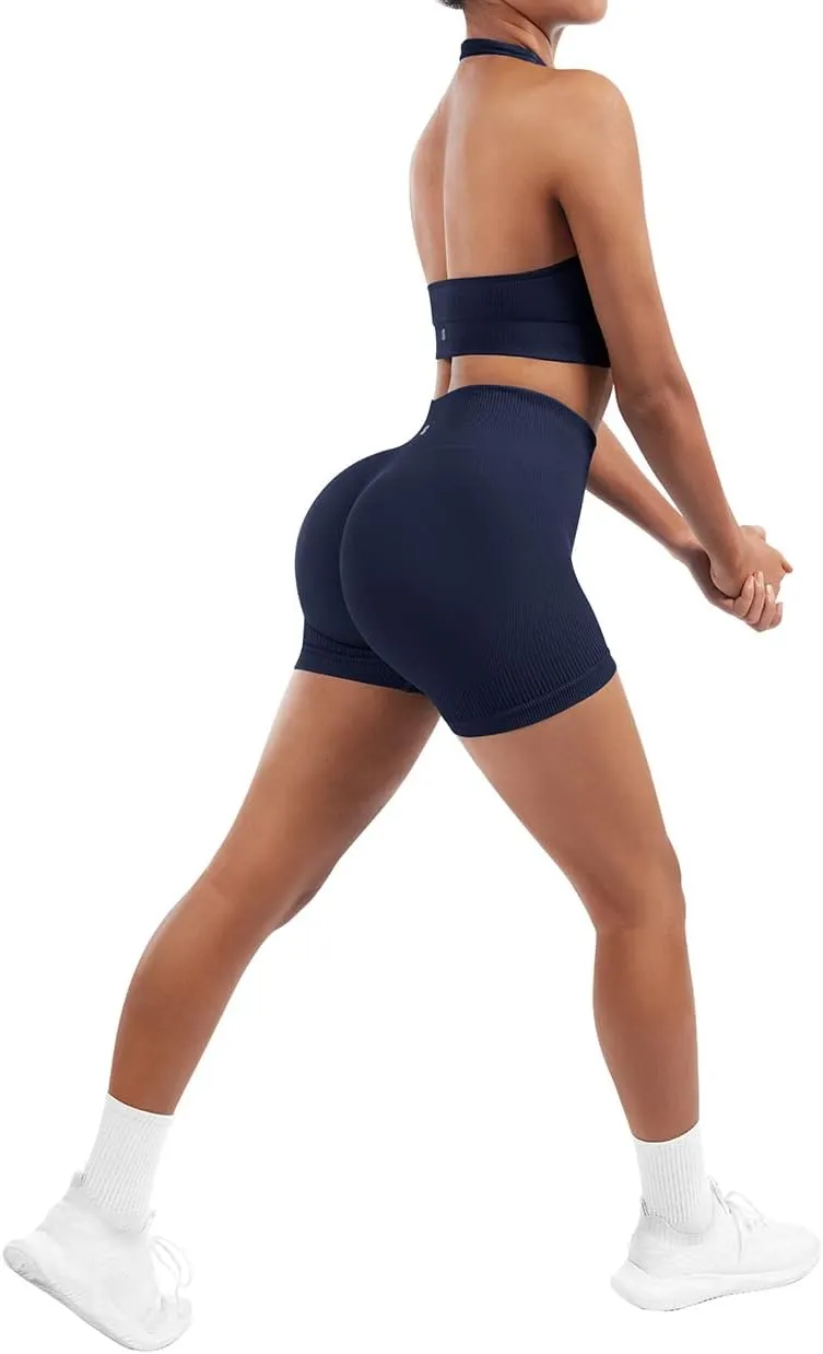 SUUKSESS Women Seamless Ribbed Workout Set Backless Sports Bra Booty Biker Short