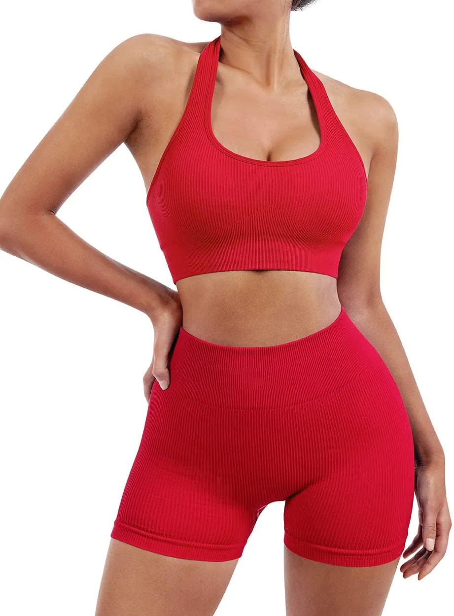 SUUKSESS Women Seamless Ribbed Workout Set Backless Sports Bra Booty Biker Short