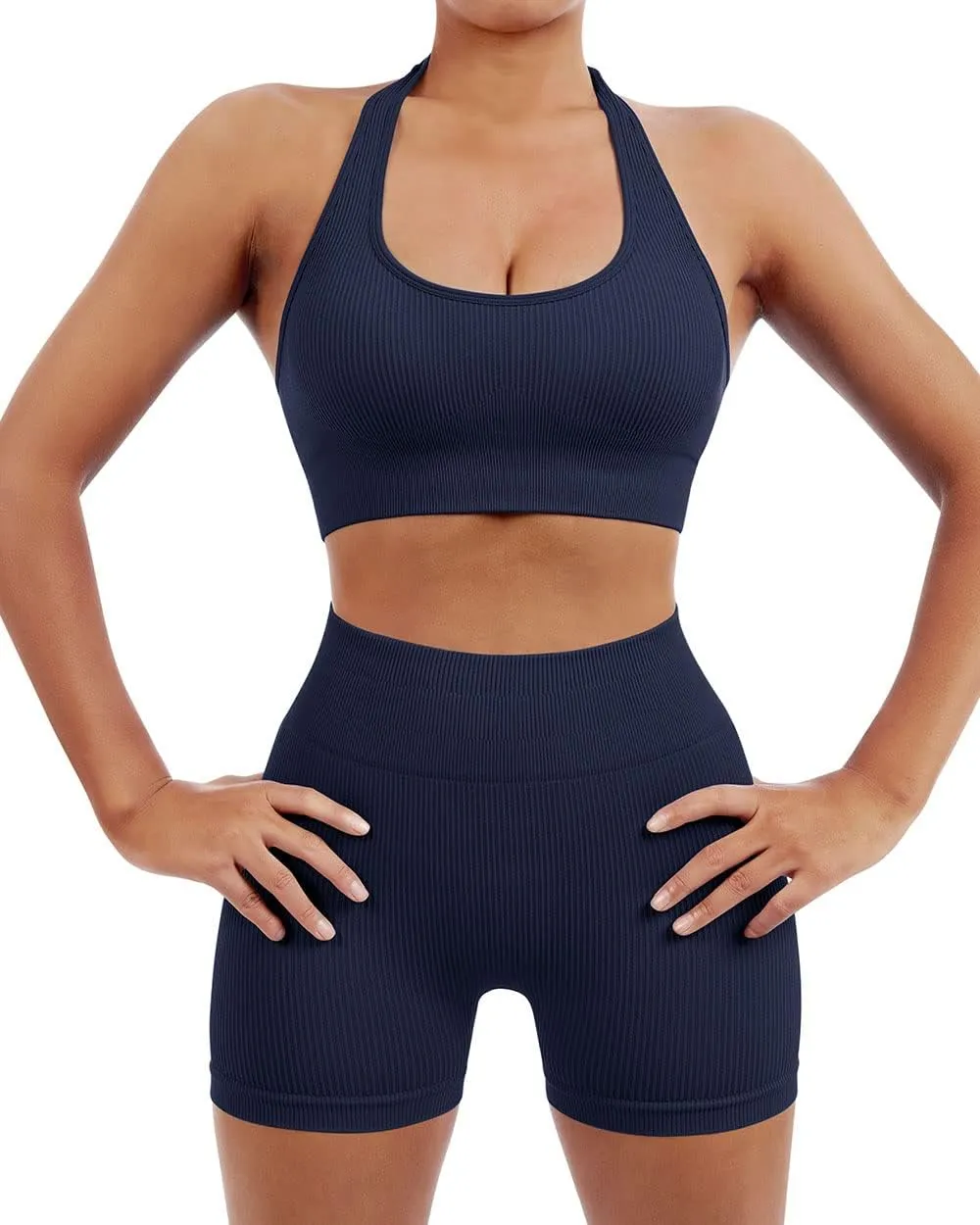 SUUKSESS Women Seamless Ribbed Workout Set Backless Sports Bra Booty Biker Short