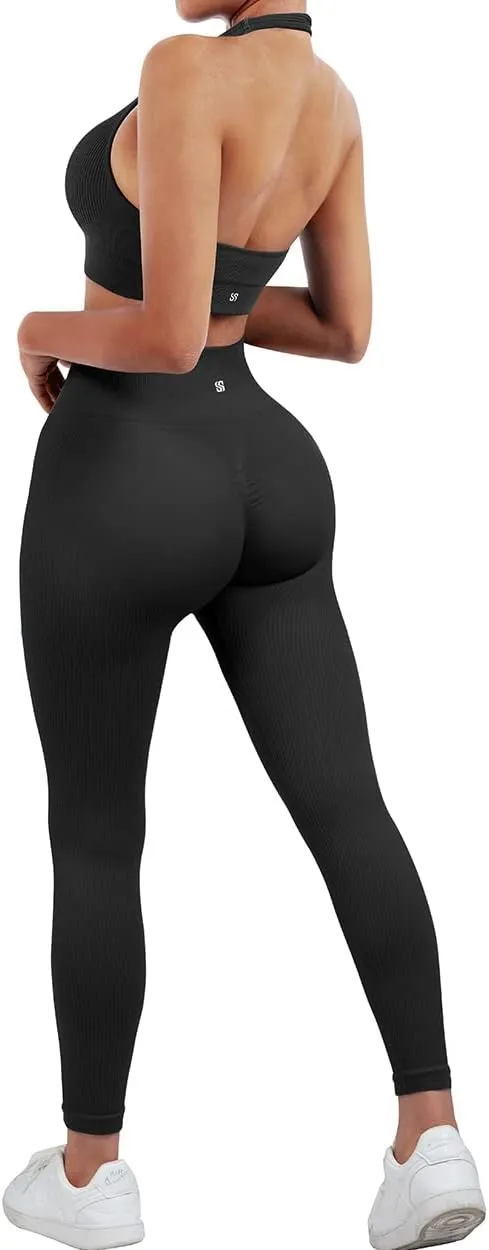 SUUKSESS Women Seamless Ribbed Workout Set Backless Sports Bra Booty Biker Short